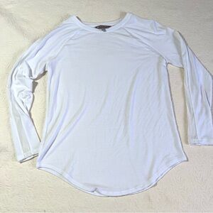 Athleta Sheer Stripe Long Sleeve Shirt Women's Size S White Curved Hem